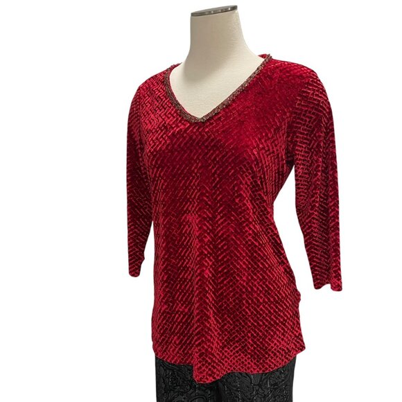 VTG Notations Petite M Red Velvet Festival Top Holiday Party Luxe Sparkle Trim - Picture 6 of 10